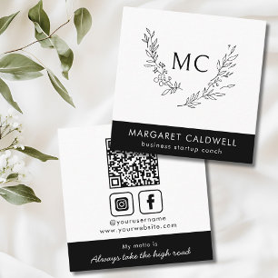 Black and White Monogram Wreath Square Business Card