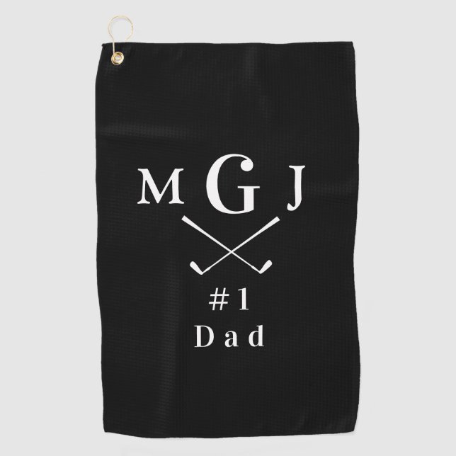 Black and White Monogrammed Crossed Clubs Dad Golf Towel (Front)