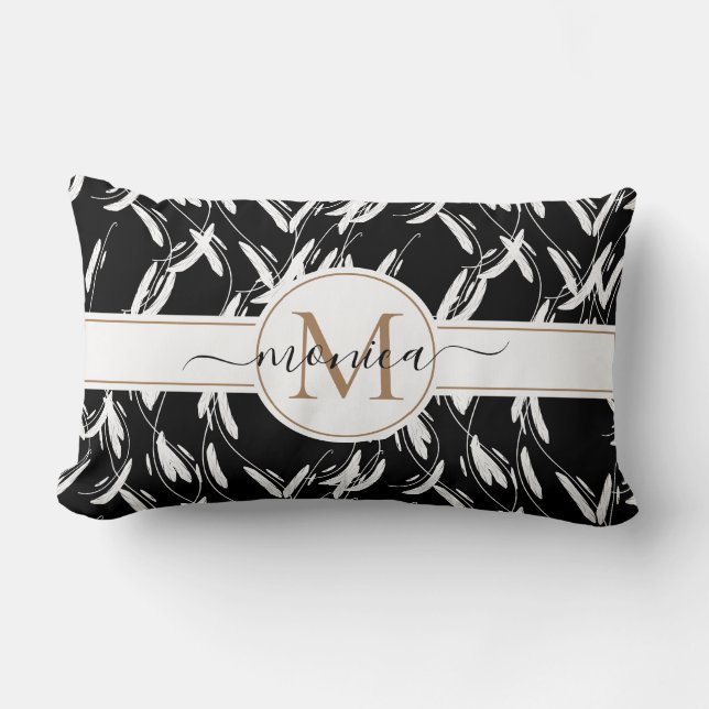 Black and White Monogrammed Floral Lumbar Cushion (Front)