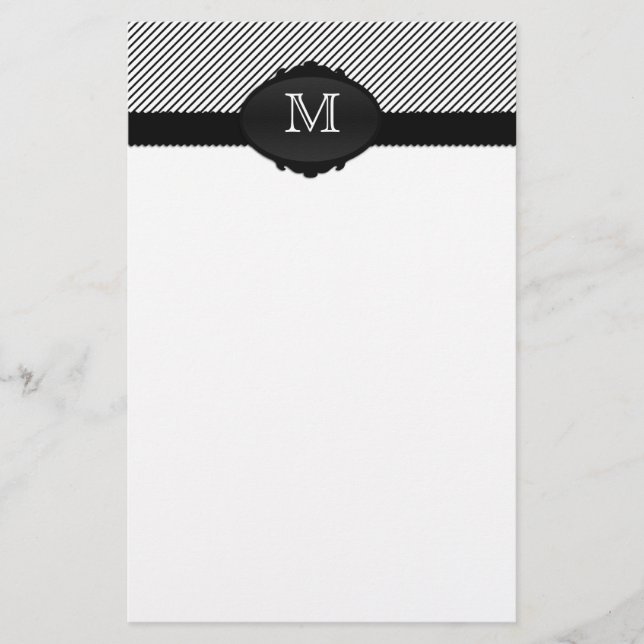 Black and White Monogrammed Pinstripe Stationery (Front)