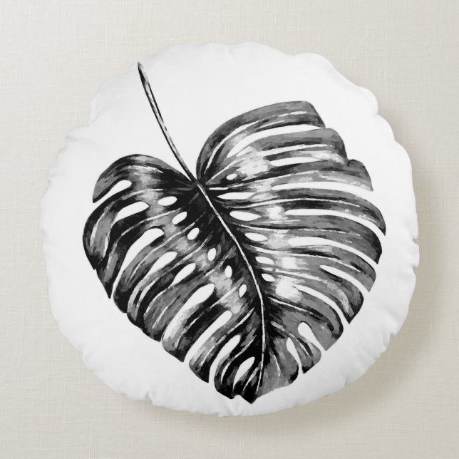 Black and white monstera leaf tropical palm round cushion (Front)