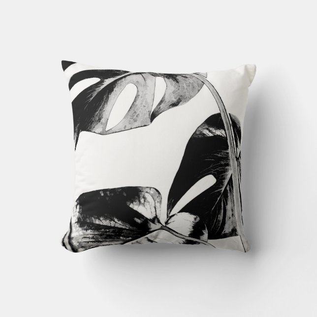 Black and white monstera leaves tropical palm cushion (Front)