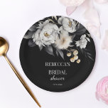 Black and white moody boho bridal shower template paper plate<br><div class="desc">Moody black and white boho peony flowers dry leaves pampas grass elegant bridal shower template party plates personalised bridal shower tableware</div>
