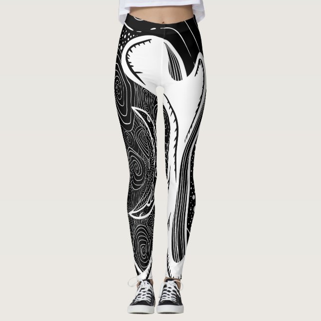 Black and White Moon and Waves Leggings (Front)