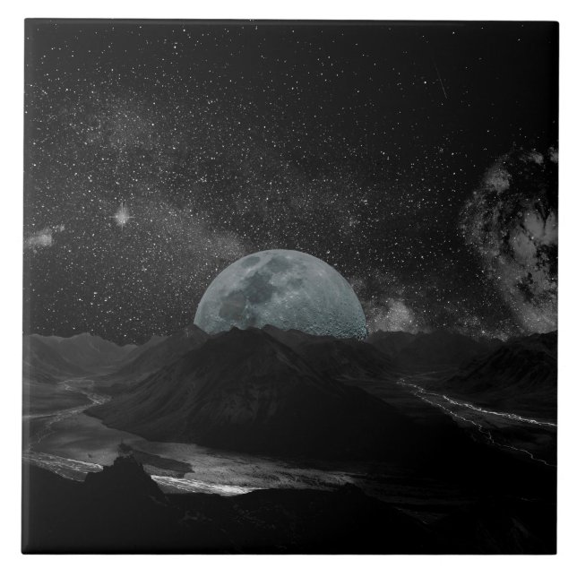 Black and White Moon Night Sky Mountain Galaxy  Tile (Front)