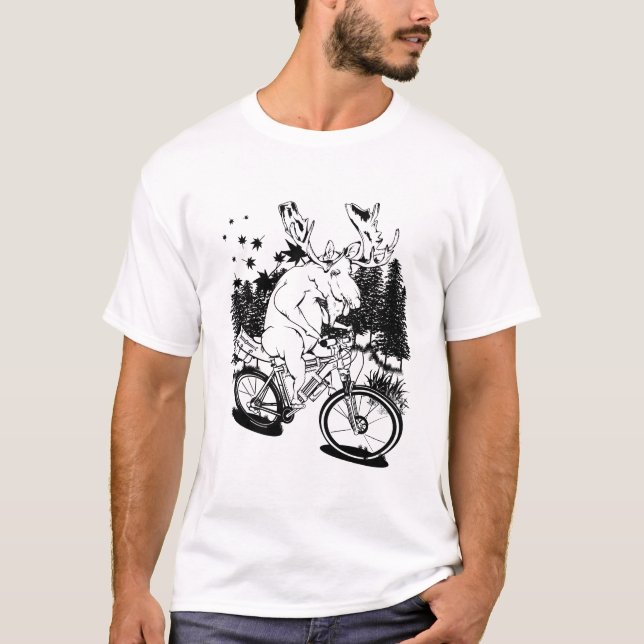 Black and white moose riding a bike T-Shirt (Front)