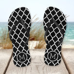 Black and White Moroccan Quatrefoil Monogram Jandals<br><div class="desc">Custom printed flip flop sandals with a stylish Moroccan quatrefoil pattern and your custom monogram or other text in a circle frame. Click Customise It to change text fonts and colours or add your own images to create a unique one of a kind design!</div>