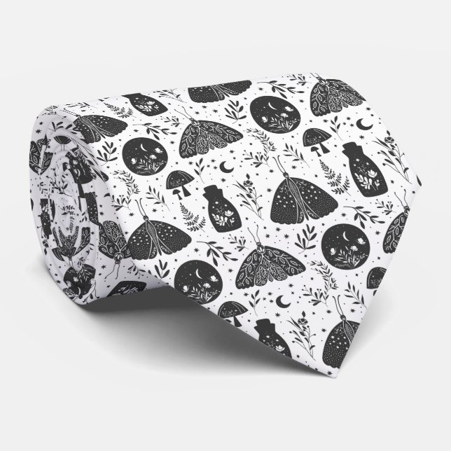 Black and White Moth Butterfly Pattern Tie (Rolled)