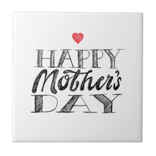 Black and White Mother's Day Lettering & Heart Tile