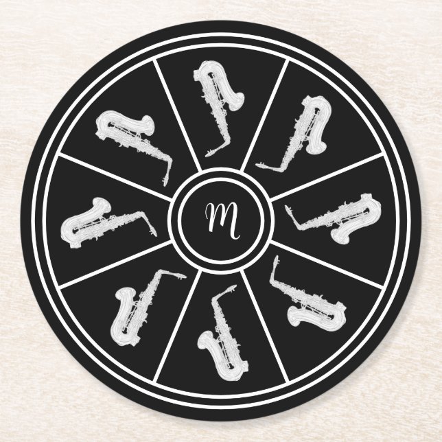 Black and white motif with saxophones and monogram round paper coaster (Front)