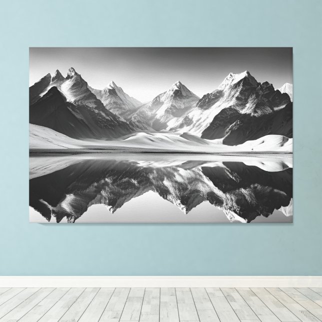 Black and White Mountain Range Reflection Canvas Print (Insitu(Wood Floor))