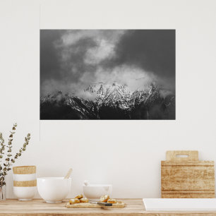 Black and white mountains in clouds poster