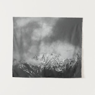 Black and white mountains in clouds tapestry