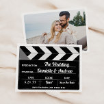 Black and White Movie Clap Board Wedding Save The Date<br><div class="desc">A modern and fun black and white movie-themed wedding save the date announcement.  The unique design displays the important details on a Hollywood director's movie clapper board / blackboard,  and includes space on the back of the card to display an engagement photo or additional wedding details.</div>