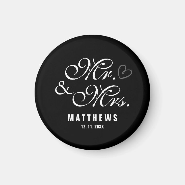 Black and white Mr and Mrs Wedding Monogram Magnet (Front)