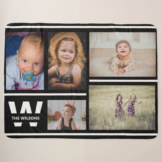 Black and White Multiple Photos Custom Monogram Sherpa Blanket (Front (Horizontal))