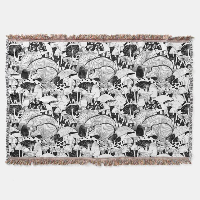 Black and White Mushrooms Throw Blanket (Front)