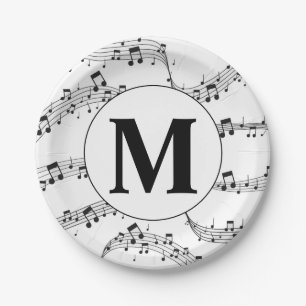 Black and White Music Note Monogram  Paper Plate