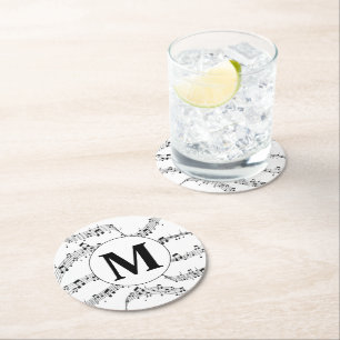 Black and White Music Note Monogram Round Paper Coaster