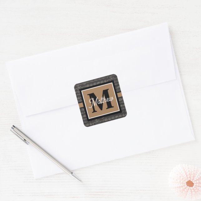 Black and white Music note Musician Monogram  Square Sticker (Envelope)