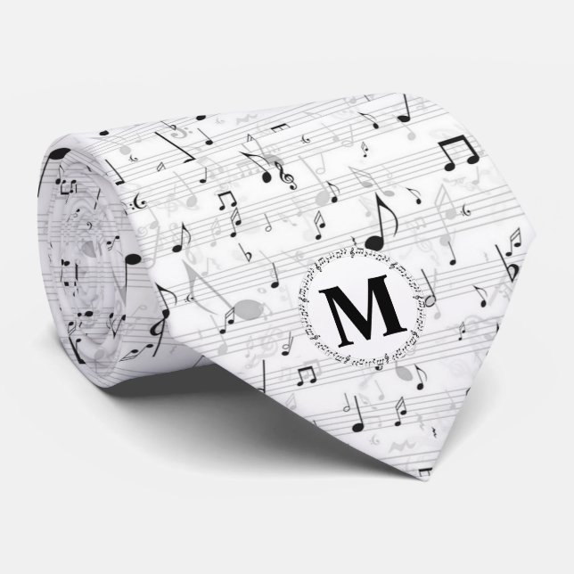 Black and white Music note Musician Monogram Tie (Rolled)