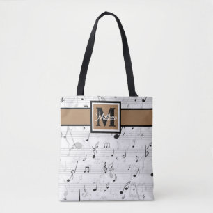 Black and white Music note Musician Monogram Tote Bag