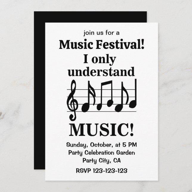 Black and White Music Notes Music Festival Invitation (Front/Back)