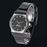Black and White, Name, Casual Silicone Band Wrist Watch<br><div class="desc">This casual simple rugged minimalist mens wrist watch is decorated with a black background, white letters, black silicone band, and personalised with your name. You can easily change the name and delete the white numbers if desired. What a wonderful modern gift for a groomsman, best man, graduation, father's day, birthday,...</div>