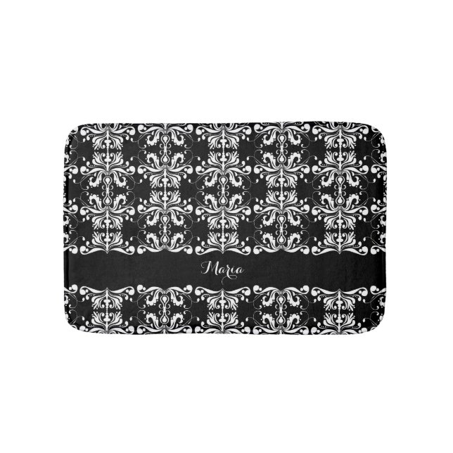 Black and White Named Damask Bath Mat (Front)