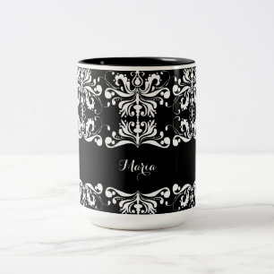 Black and White Named Damask Two-Tone Coffee Mug