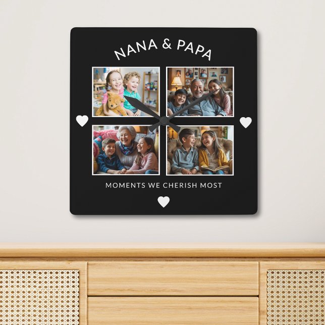 Black And White Nana Papa 4 Photo Grandparent Gift Square Wall Clock (Creator Uploaded)