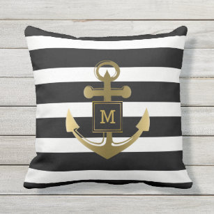 Black and White Nautical Anchor Striped Monogram Outdoor Cushion