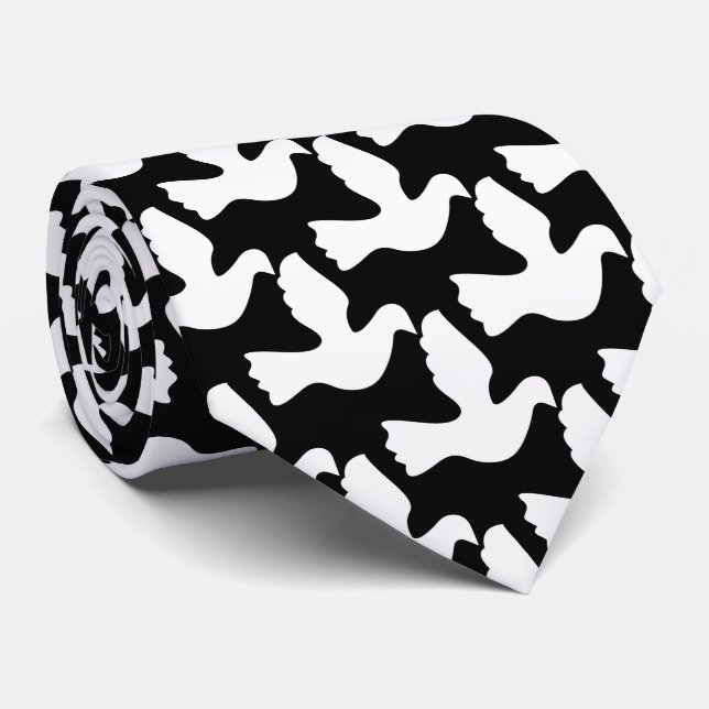 Black and white neck tie with white peace doves (Rolled)