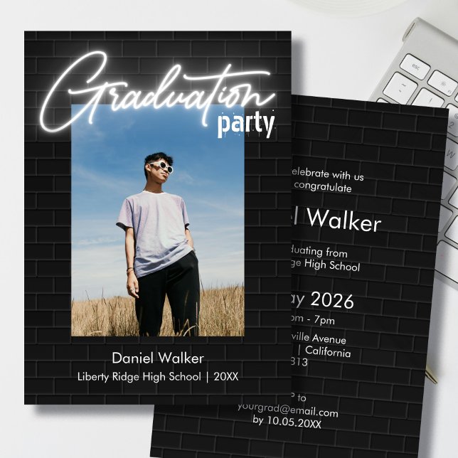 Black and white neon photo graduation party invitation (Creator Uploaded)