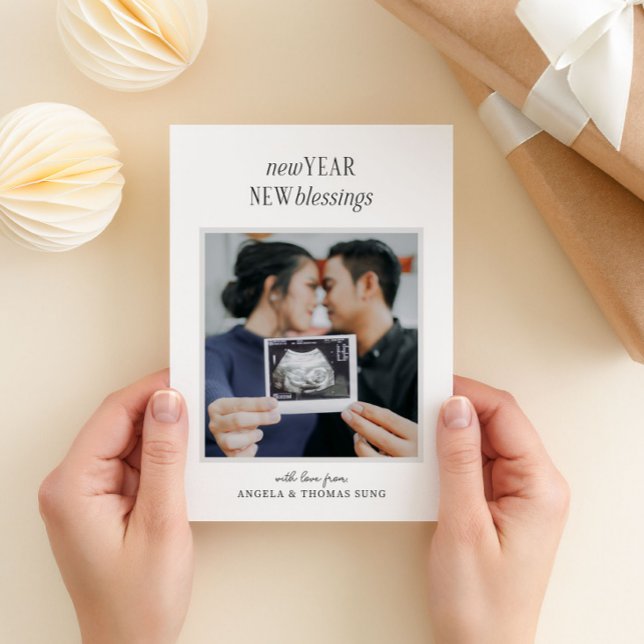 Black and White New Year New Blessings Pregnancy Holiday Card (Creator Uploaded)