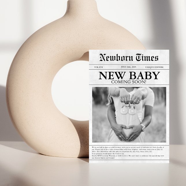 Black and white newspaper baby shower invitation (Creator Uploaded)