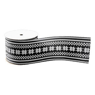 Black and White Nordic Christmas Sweater Pattern Grosgrain Ribbon