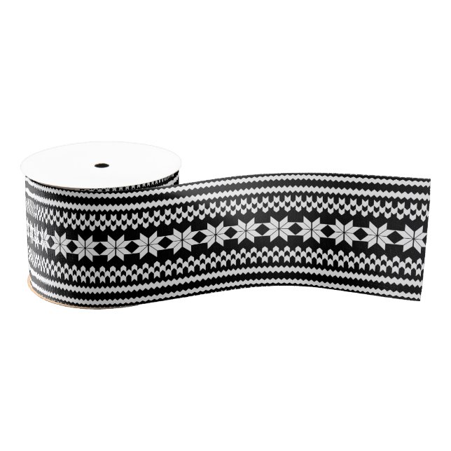 Black and White Nordic Christmas Sweater Pattern Grosgrain Ribbon (Spool)