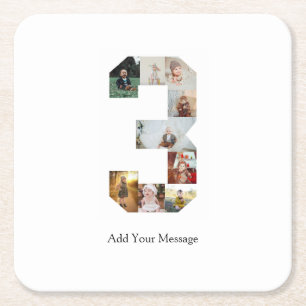 Black and White Number 3 Photo Collage Square Paper Coaster