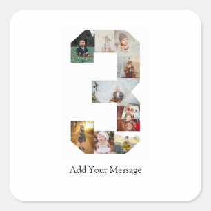 Black and White Number 3 Photo Collage Square Sticker