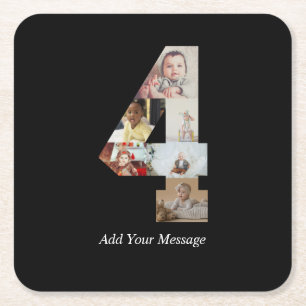 Black and White Number 4 Photo Collage Square Paper Coaster