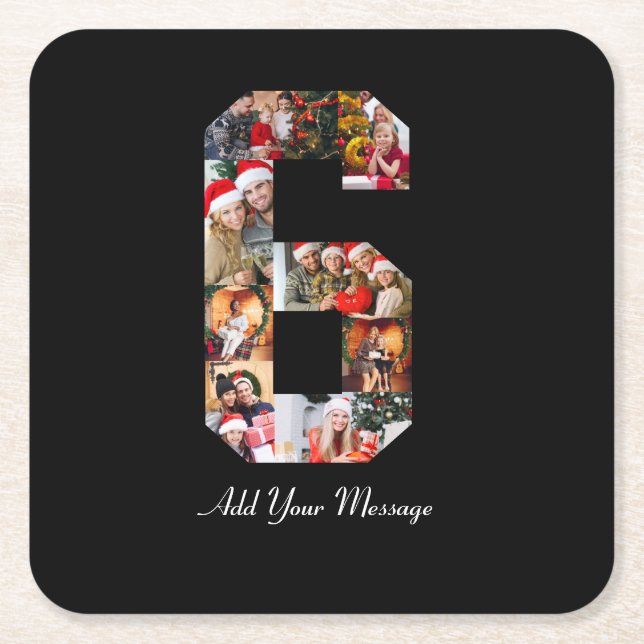 Black and White Number 6 Photo Collage Square Paper Coaster (Front)