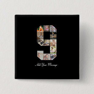 Black and White Number 9 Photo Collage 15 Cm Square Badge
