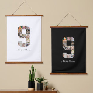 Black and White Number 9 Photo Collage Hanging Tapestry