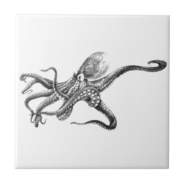 Black and White Octopus Illustration Tile (Front)