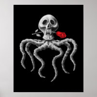Black and White Octopus Skull with Red Rose