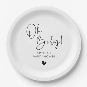 Black and White Oh Baby Modern Boho Baby Shower Paper Plate