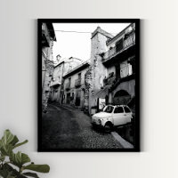 Black and White Old Italian Town with Vintage Car
