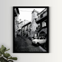 Black and White Old Italian Town with Vintage Car