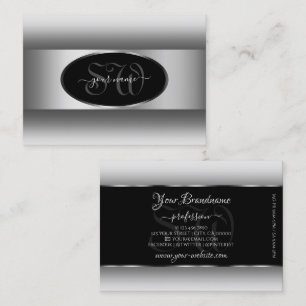 Black and White Ombre Initials Oval Silver Frame Business Card